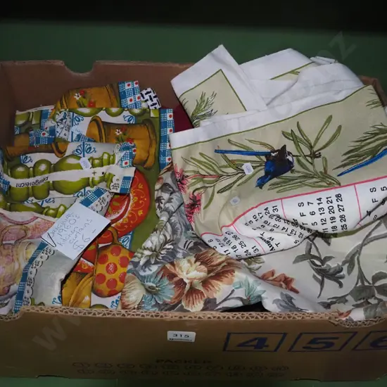box of vintage fabric, tea towels etc.