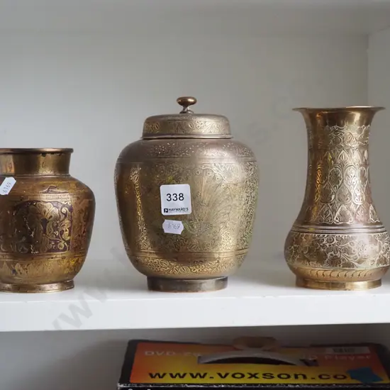 2 brass vases and a lidded canister