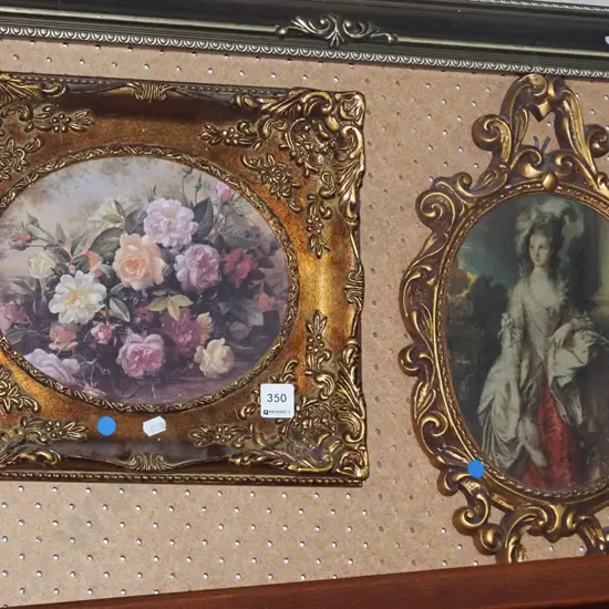 2 ornate gilt framed prints - blue dots