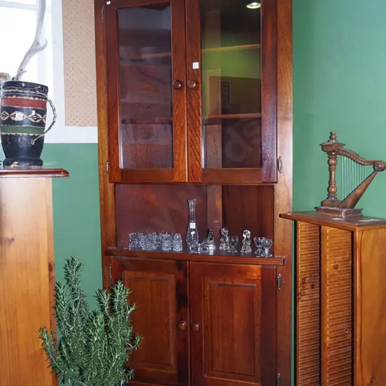 mahogany corner cabinet with 2 solid and 2 glazed doors H-1920 W-960 D-500