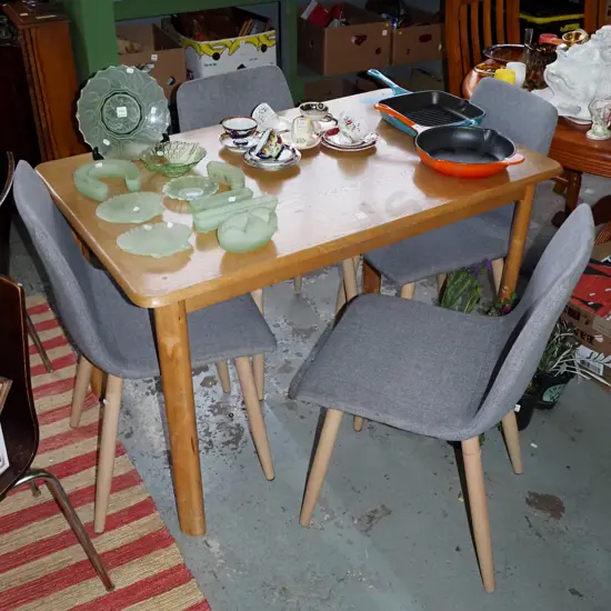 oak veneer dining table w/4 matching grey upholstered chairs - table has screws thru top H-770 L-1220 W-760