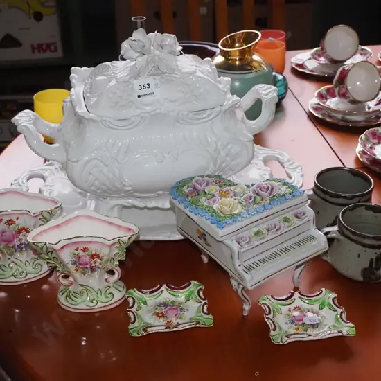 ornate white lidded soup tureen, ceramic piano trinket, vases, etc.