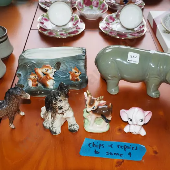 Japanese squirrel log vase, hippopotamus, various figurines - some chips / repairs