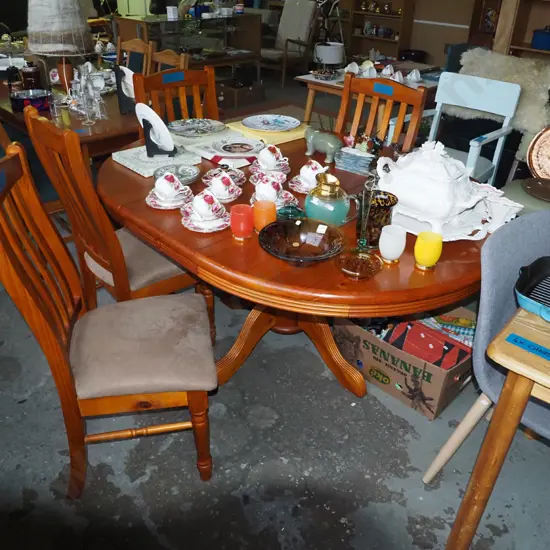 solid pine extending pedestal dining table with 4 brown upholstered chairs H-770 L-1600 W-1200