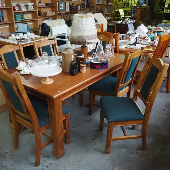 solid pine dining table with 6 matching upholstered high-back chairs H-750 L-1510 W-900