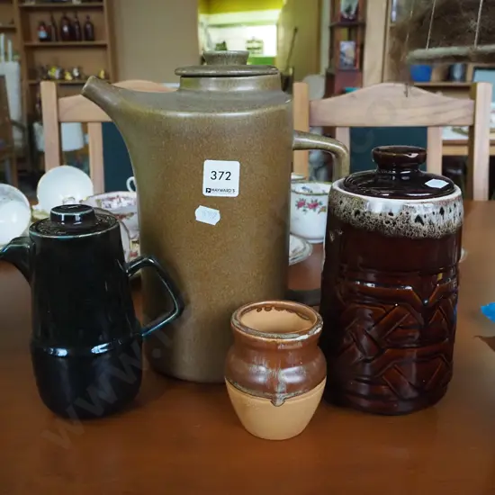 Temuka pottery coffee pot, lidded canister, small vase etc.