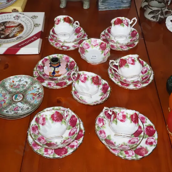 assorted Royal Albert old english rose trios, jam dish, orinental saucers, small bud vase