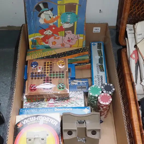box of children's games and a Viewmaster viewer