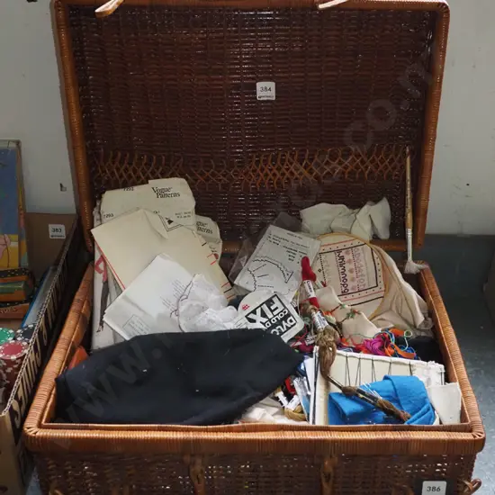 cane picnic hamper with thread, sewing patterns, etc.