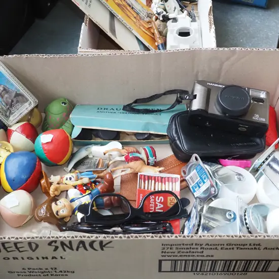 box: Hanimex 35mm camera, casters, 3d tv glasses etc.