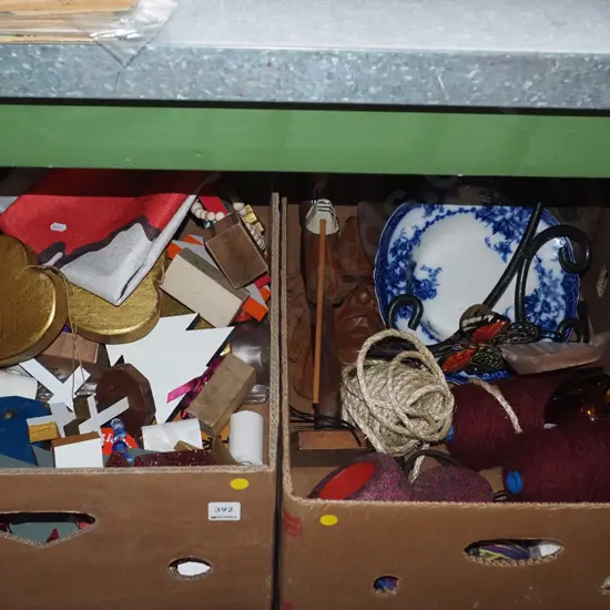 2 boxes of allsorts - knitting yarn, flow blue bowl, wooden hearts, crucifixes, ribbon, etc.