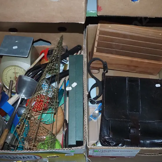2 boxes of allsorts - backgammon, letter rack, leather satchel, kitchen scales, flour sifter etc.