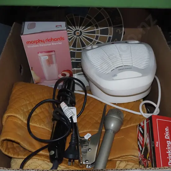 box of drinking dice, microphone, dart board, etc.