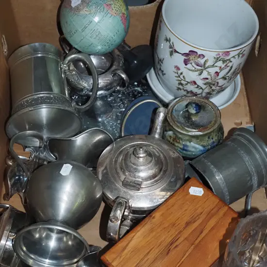 box of pewter ware, floral jardiniere, small world globe, etc