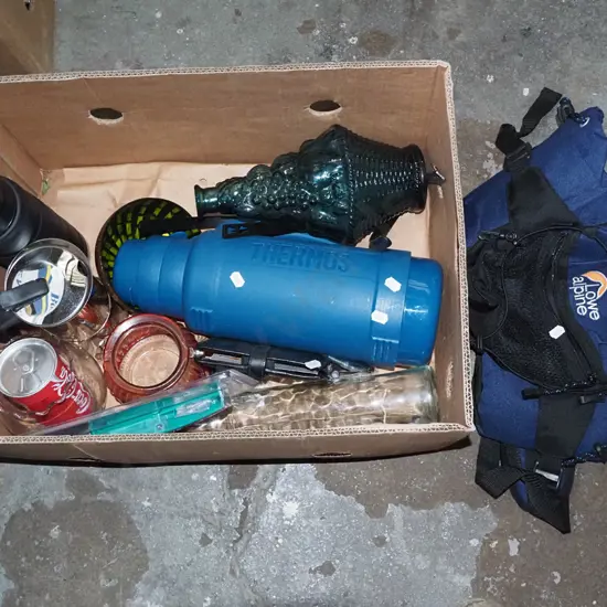 box: large plastic Thermos, stovetop espresso maker, Lowe Alpine camera hip bag etc,