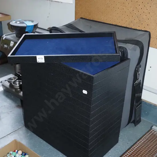 16  plastic and velvet display trays in canvas carry case
