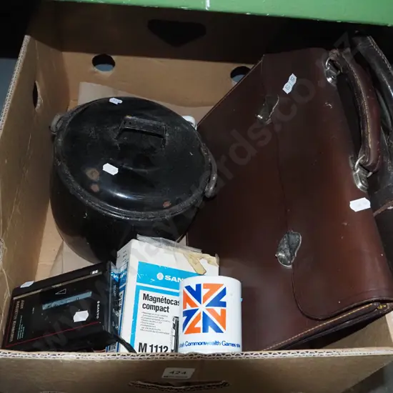 box; music satchels, enamel boiler, early cassette recorder etc