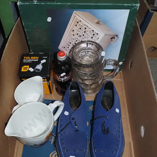 box; blue suede shoes, beer stein, marble game etc