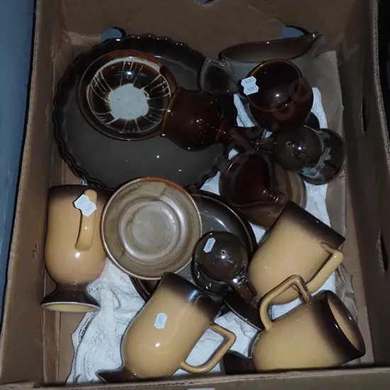 box; coffee mugs, Temuka dishes, studio pottery jug etc