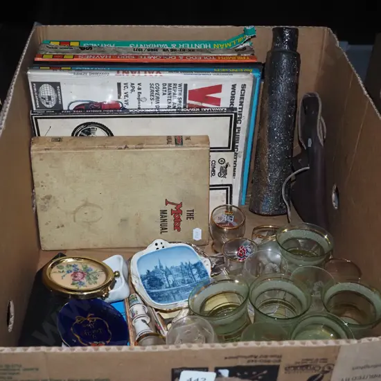 box; automotive manuals, tumblers, thimbles, pottery vase etc