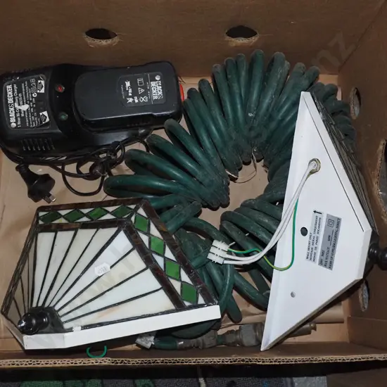 box; reproduction deco light fittings, spring coil hose etc