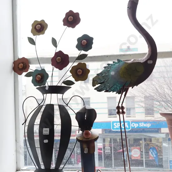 metal artworks; flowers, bird, dog