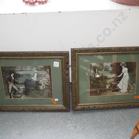 2 ornate framed prints; ladies and gents walk in country - orange dots