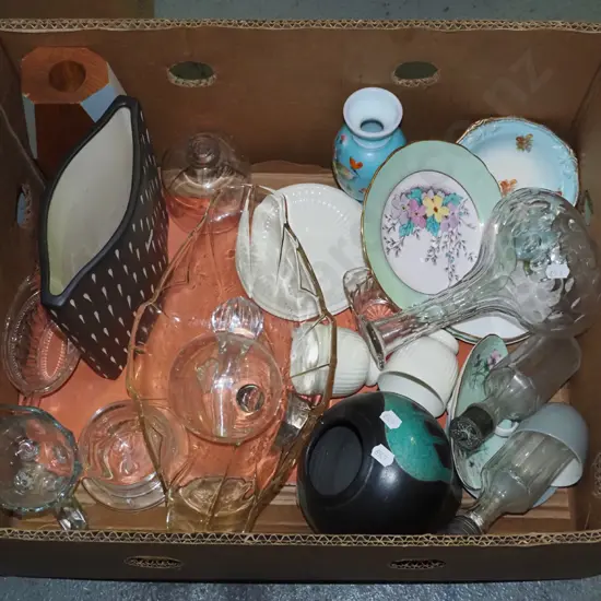 box; decanter, saucers, vases, glass bowl etc
