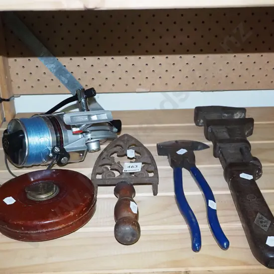 fishing reel, stilsons, measuring tape etc