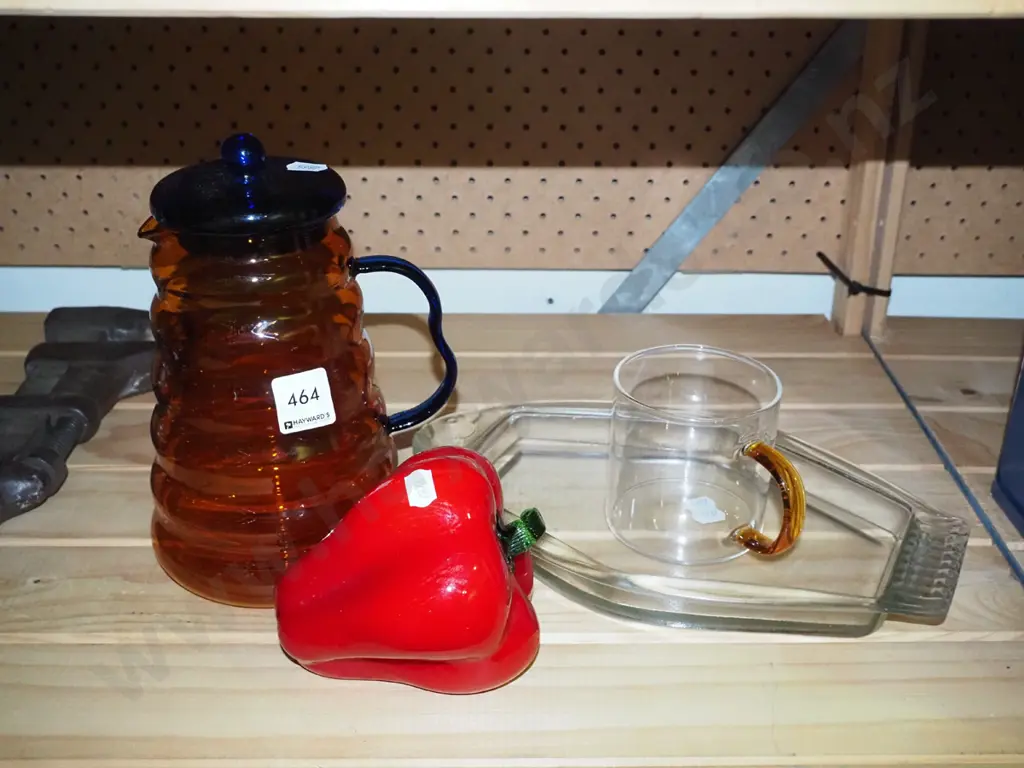 glass items; jug, ornamental pepper, tray, cup Image 1++