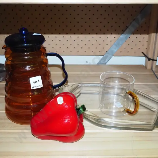 glass items; jug, ornamental pepper, tray, cup