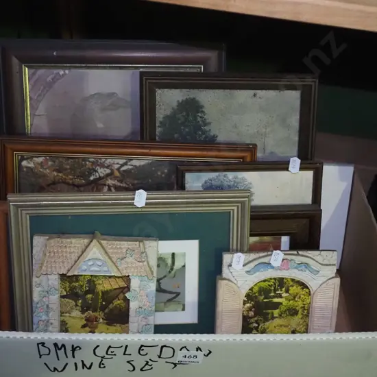 box; photo frames, various prints