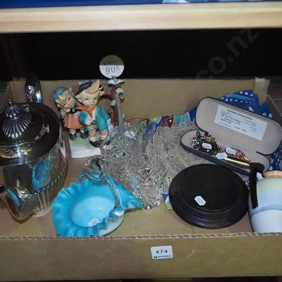 box; figurines, glass basket, plated tea pot, costume brooches etc