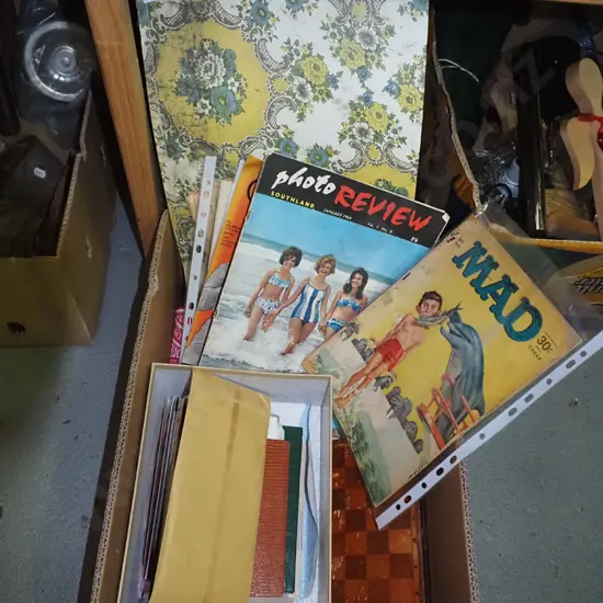 box; retro Mad and Photo Review magazines, sheet music, travel chess,  artbook etc