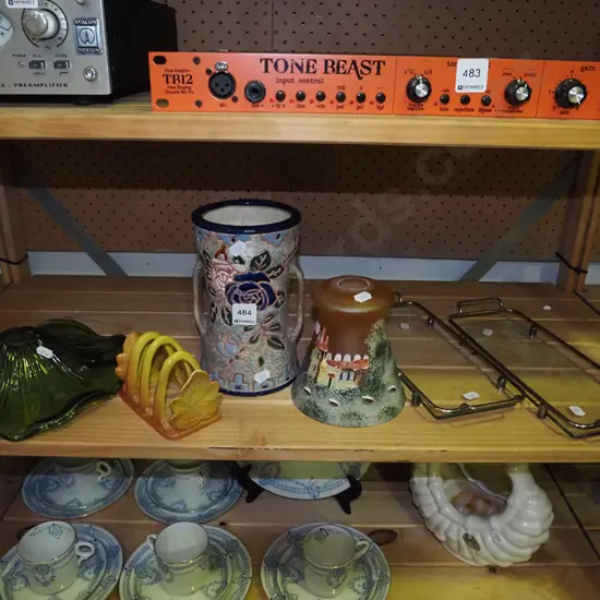 shelf; green glass light shade, Amphora vase - crack, toast rack, glass trays etc