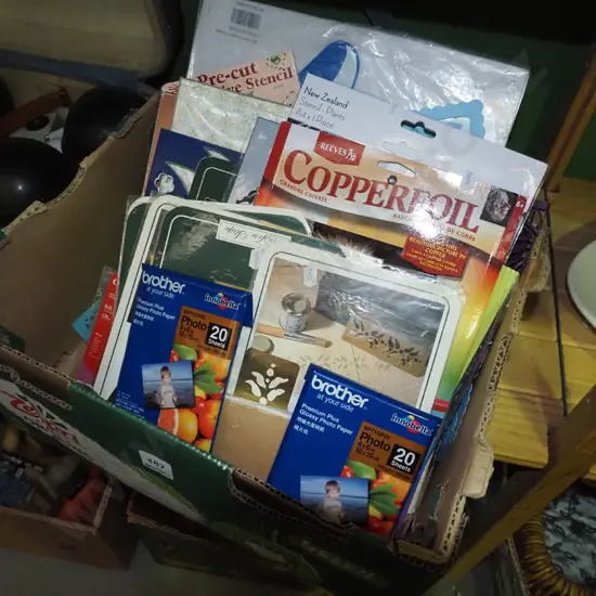 box; photo quality printer paper, stencils, coloured card etc