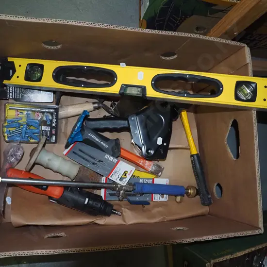 box; diy allsorts, cold chisels, electric screwdriver etc