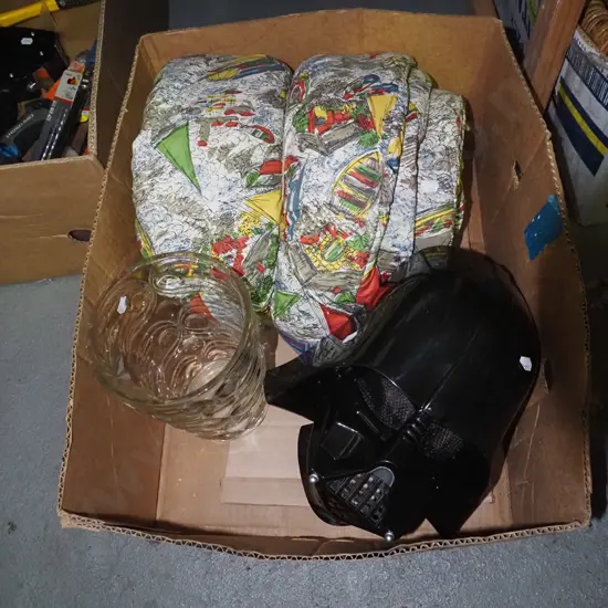 box; vintage child's sleeping bag, Darth Vader mask etc