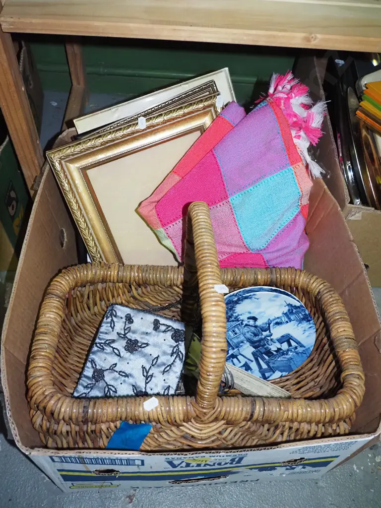 box; picture frames, tablecloth, cane basket etc Image 1++