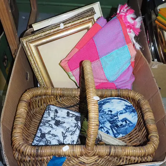 box; picture frames, tablecloth, cane basket etc