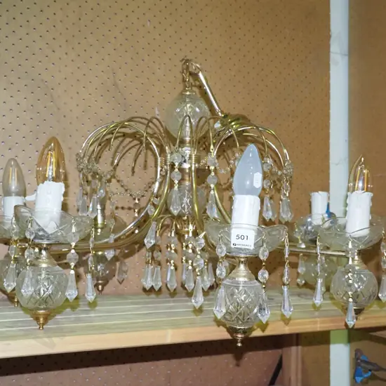6 bulb brass and glass chandelier