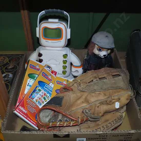 box; educational computer/robot, battery powered toy dog, baseball mit