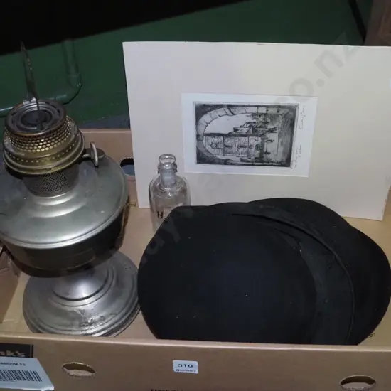 part kerosene lantern, chemist bottles, 2 gents hats etc