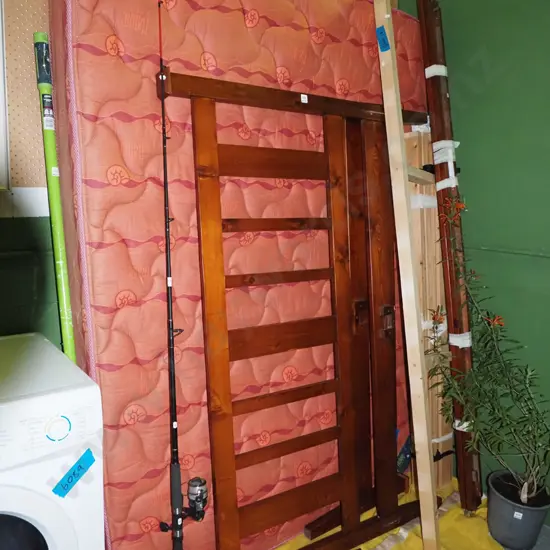 slat queen bed base, mattress and pine end boards