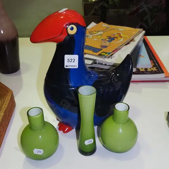 pukeko storage canister, 3 small green glass vases