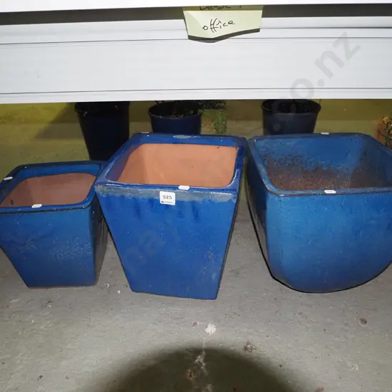 3 blue glazed rectangular planters Tallest H-280