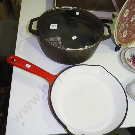 cast iron and enamel frying pan, cast iron pot