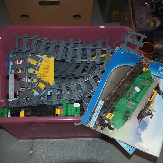 box;  Lego train tracks, Lego pieces