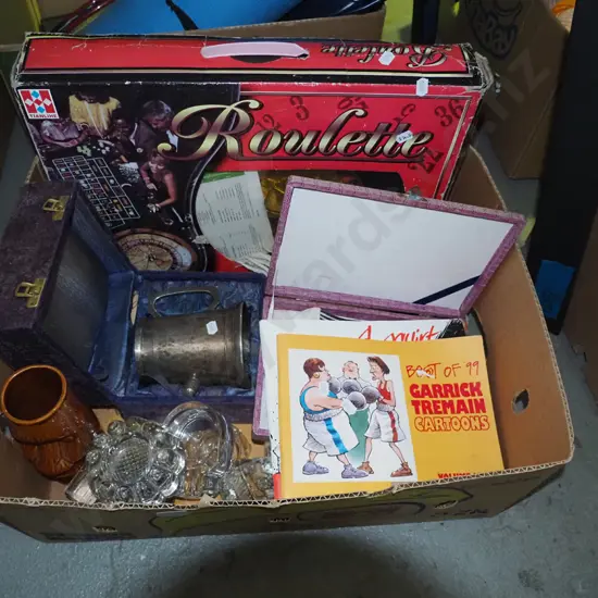 box; Garrick Tremain cartoon, beer stein, roulette wheel etc