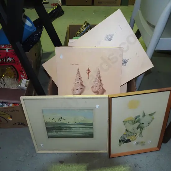 box; seashell prints on boxed canvas, 2 other prints